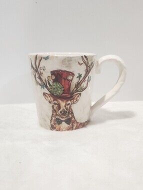 Pier 1 Daper Deer Ironstone Christmas Holiday Coffee Cup Mug 14 Oz NWOT